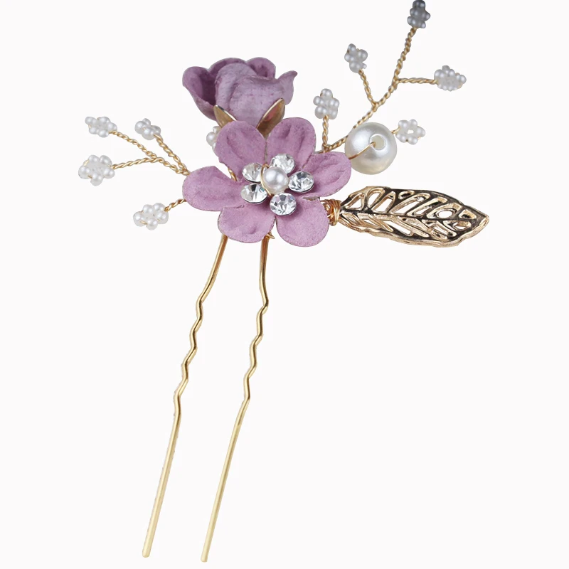 Свадебные аксессуары для волос модный, жемчужный, с кристаллами с цветочкой расчески для волос повязка на голову с золотистыми листьями; украшения для волос Шпильки - Окраска металла: purple 3