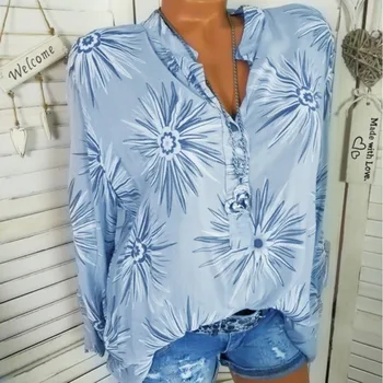 

2020 Women Blouses Print Long Sleeve V Neck Office Shirt Chiffon Blouse Shirt Casual Tops Plus Size Blusas Femininas Blue Green