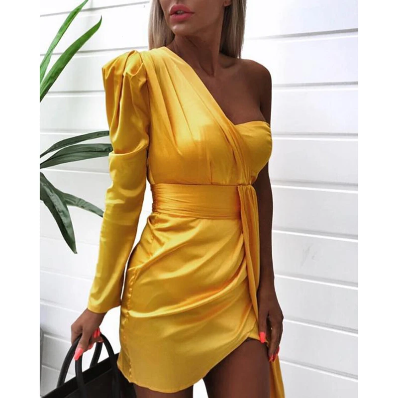 

One off shoulder ruched design irregular dress women Strapless plunging summer mini dress Sexy club party yellow dresses femme