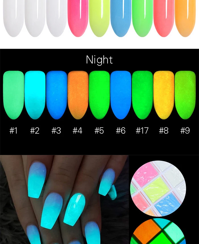10 г/пакет ультратонкая светящаяся пудра для ногтей 9 цветов пигментная пыль светится в темноте украшения для ногтей для УФ-геля дизайн ногтей