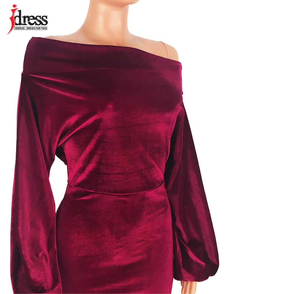 IDress 2020 Sexy Slim Off-Shoulder Nightclub Black Green Red Party Dress Lady Long Sleeve Bodycon Autumn Winter Velvet Dress (6)