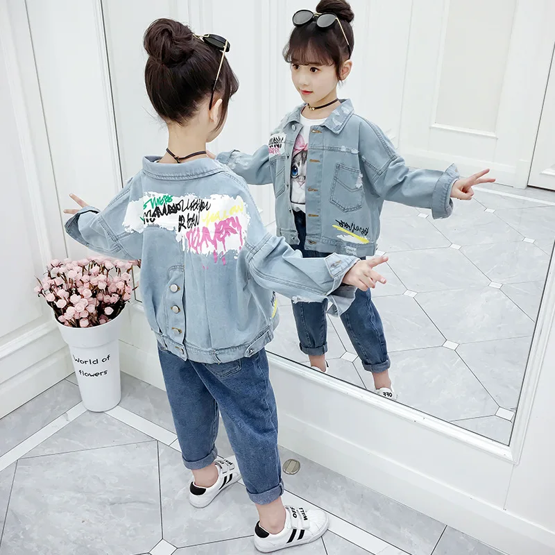 

Spring Autumn Girl Jacket Printed Cartoon Denim Jackets Girl Children's Jeans Outerwear Little Beauty Design Kids Coats