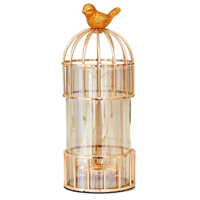 

Nordic Iron Vase Glass Gold Bird Cage Flower Vase Candlestick Tabletop Flower Pot Home Wedding Decoration Arrangement Crafts Orn