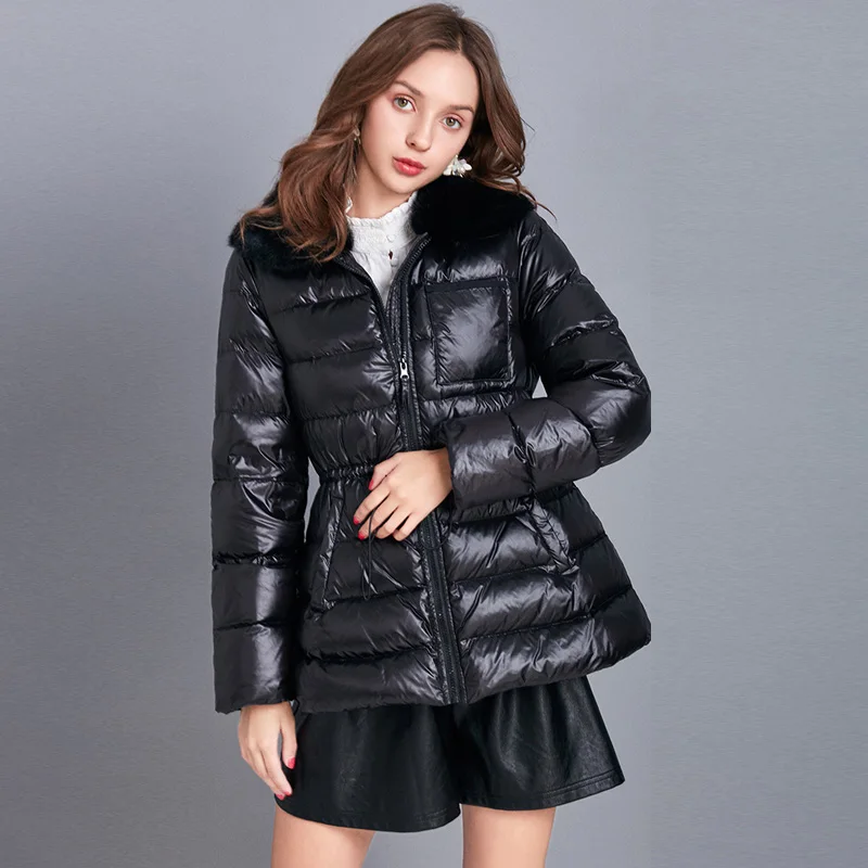 

Women Luxury Down Jacket Brand Ultra Light White Duck Down Coat Large Real Rabbit's Fur Collar Sash Tie Up Female Down Parkas
