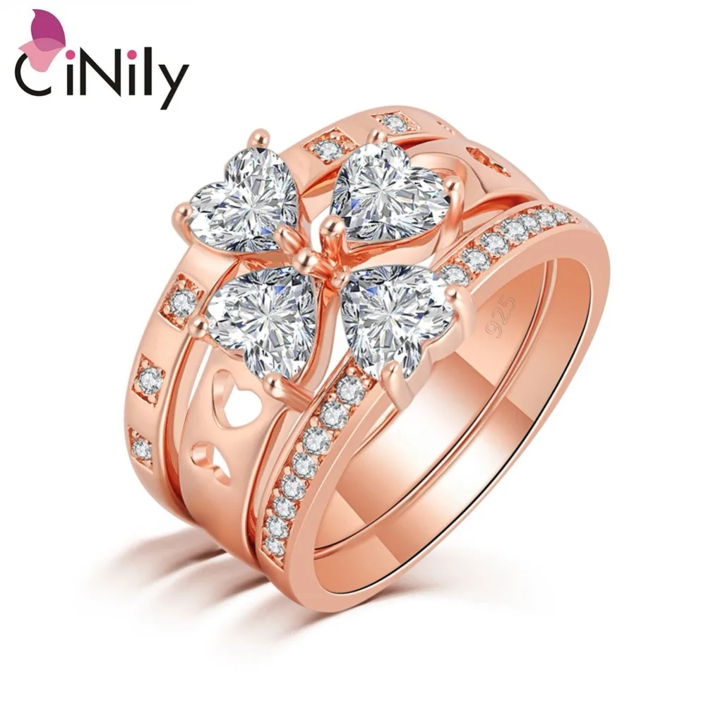 CiNily 3 in 1 Rose Gold Color LOVE Large Rings Clear Zirconia CZ Crystal Heart Stone Engagement Wedding Party Jewelry Woman Girl | Украшения