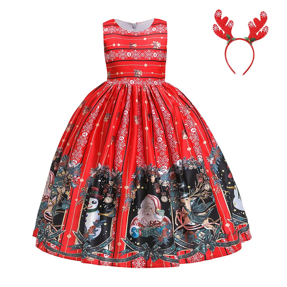 Dress 19 Великолепное красное рождественское праздничное платье с повязкой на голову для девочек, рождественское бальное платье, детская одежда с принтом Санта Клауса платья с открытыми плечами - Цвет: Dress 19