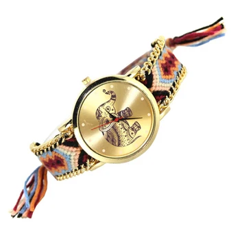 

Elephant Pattern Dial Weaved Rope Band Bracelet Quartz Wristwatch Women Watches