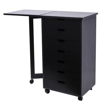 

7 Drawer Adjustable Gate Leg Roll Cart with Desk Black Color Wood Filing Cabinet Stationery Desk Organizer Storage Desk