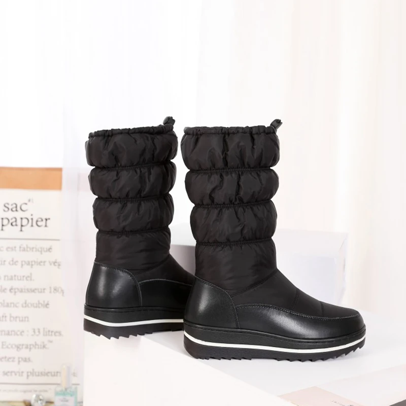 REAVE CAT Mid-Calf Boots Round Toe High platform Down Warm Fur Elastic Band Wool Snow Boots Size 35-43 Black White