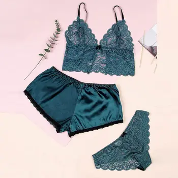 

3Pcs/Set Women Lace Floral Cami Top Shorts Panties Sexy Lingerie Pajama Set Sleepwear for Ladies Night Wear Supplies