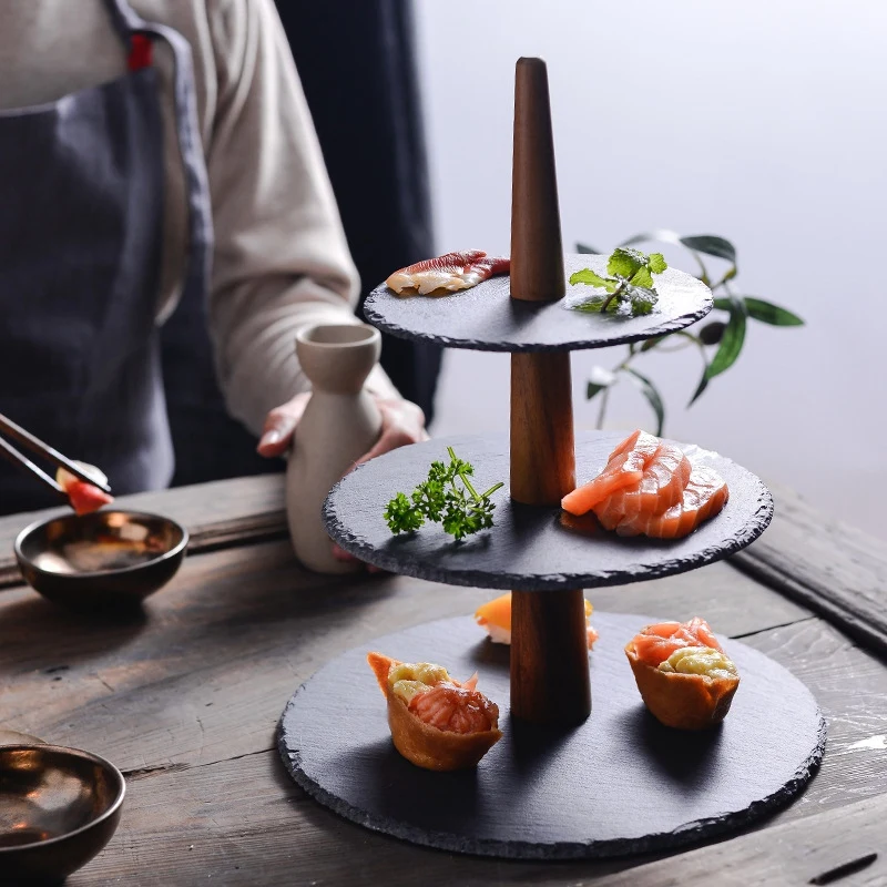

New Japanese Rock Three-Layer Plate and Wind Sushi Dessert Tray Plate Multi-Layer Cake Plate Hotel Plate