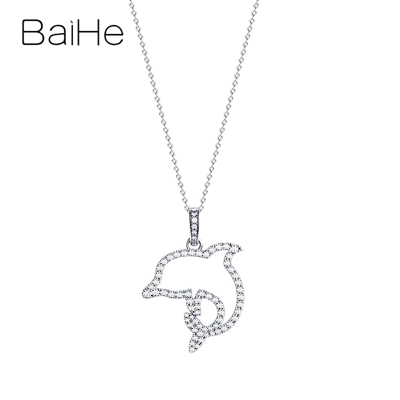BAIHE Solid 18K белое золото Сертифицированный 0.68ct H/SI круглый натуральные бриллианты женские ювелирные изделия в виде дельфинов ожерелья для помолвки