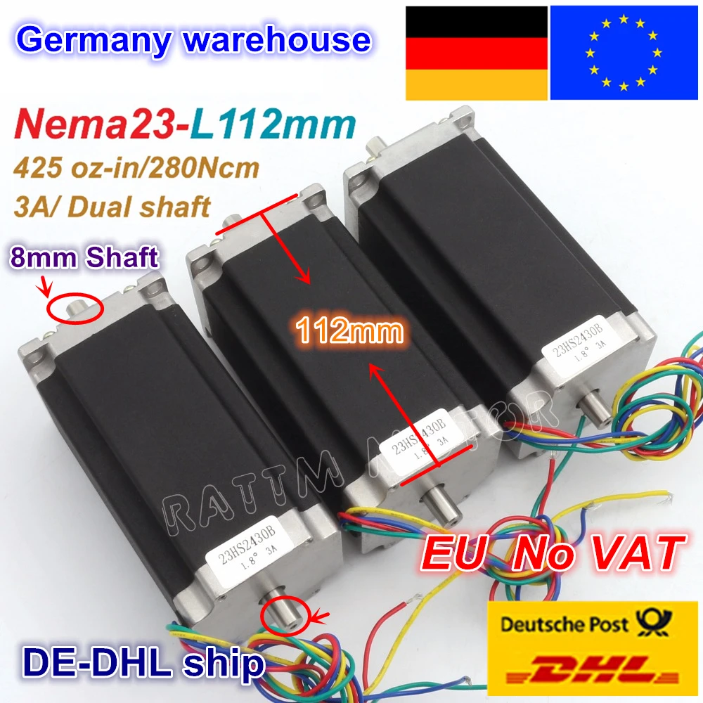 

DE ship free VAT 3pcs NEMA23 stepper motor 57 type 425Oz-in 280N.cm Dual shaft stepping motor/3A for CNC Router Engraving Mill