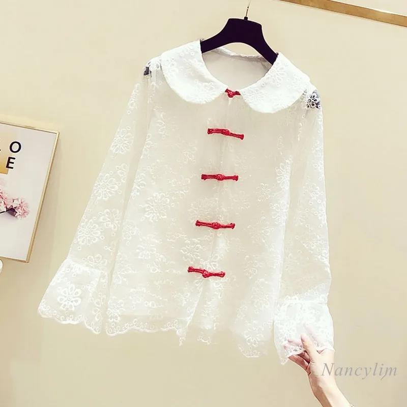 

White Lace Shirt for Woman New Vintage Plate Buttons Doll Collar Loose Long Sleeve Lace Blusas Tops 2021 Spring Female Clothes