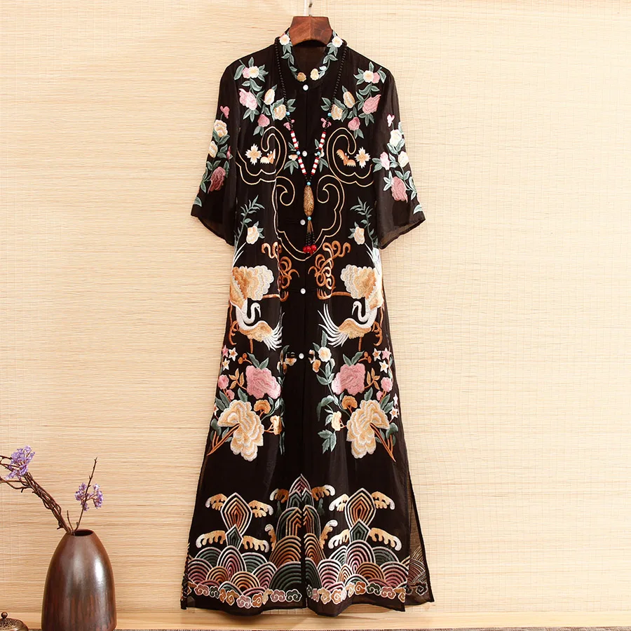 Высококачественное летнее женское платье в китайском стиле, с цветочным узором, миди, Qipao, с вышивкой, элегантное, тонкое, трапециевидный