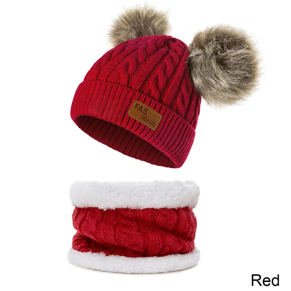 MOLIXINYU/шапка и шарф с помпонами для маленьких мальчиков и девочек; детская зимняя шапка; вязаная шапка для девочек; плотная шапка для малышей; теплый набор из шапки и шарфа - Цвет: red
