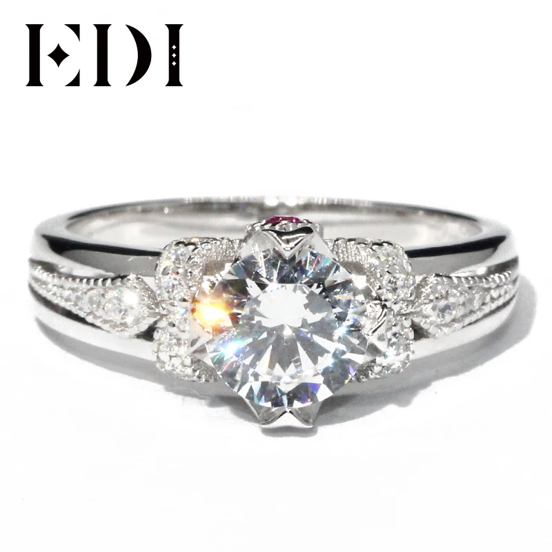 EDI уникальное рубиновое кольцо из белого золота 14 к Moissanite 1CT с круглыми