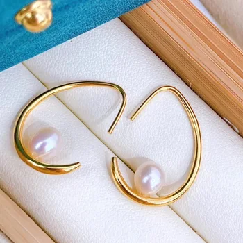 

14K Gold Filled temperament pearl earrings super metallic texture geometric line design with Ol temperament 6-7mm natural pearl