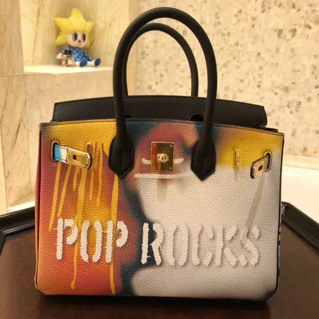 

High Quality Designer Brand Women's Bags 35Cm Litchi Genuine Leather Graffiti Art Design Ladies Handbag Gold Hardware Tote Bag