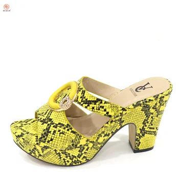 

New Arrival Yellow Snake Leather Designs Shoes HIgh heels Pumps Lady Street matching sandals african women Wedding party shoes