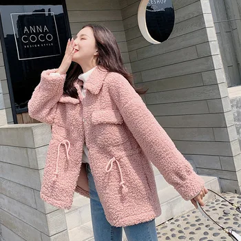 

Coat Women 2019 Autumn And Winter Pink Jacket Chic Lambswool Velvet Short Coats Pocket Lantern Sleeve Drawstring Slim Streetwear