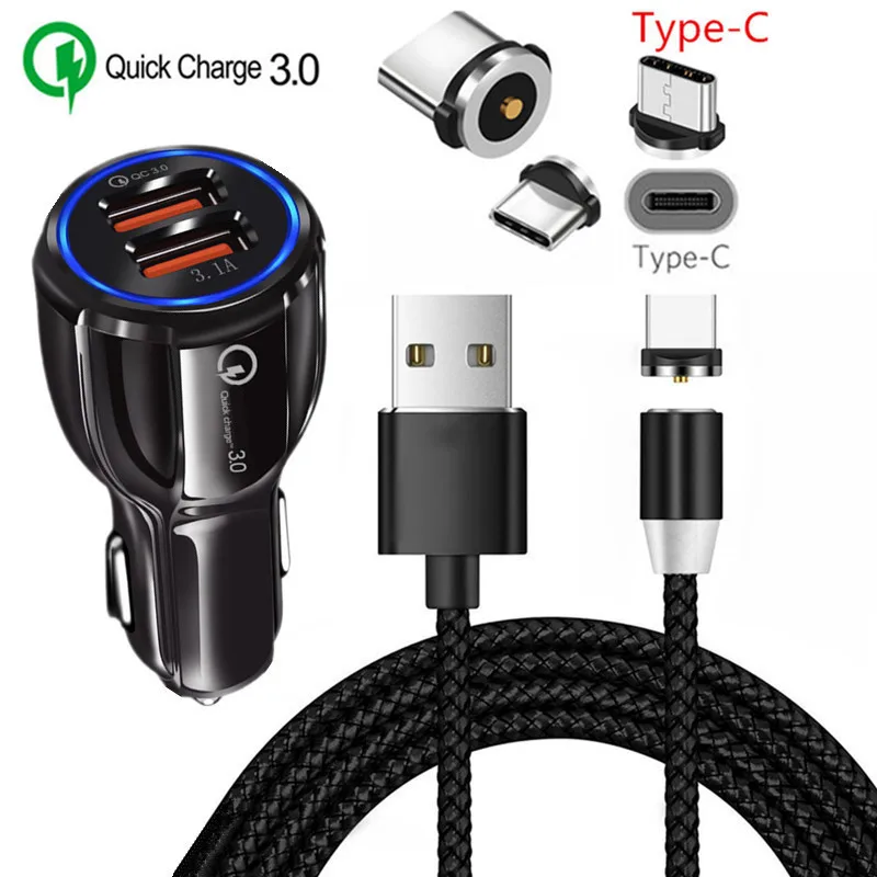 Быстрое Автомобильное зарядное устройство QC 3 0 USB магнитный кабель типа C для Samsung
