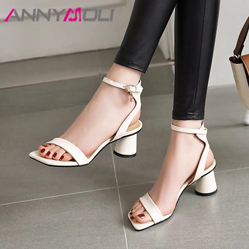 

ANNYMOLI Women Shoes Patent Leather Round High Heels Sandals Ankle Strap Footwear Buckle Square Toe Sandals Ladies Large Size 46