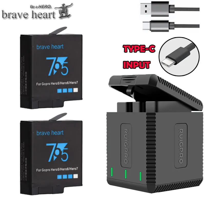 charger and 2battery Bateria go pro hero 7 черный аккумулятор+ 3 комплекта зарядное устройство для Gopro go pro hero 5 6 7 8 hero 7 hero 8 черный аксессуары для камеры - Цвет: charger and 2battery