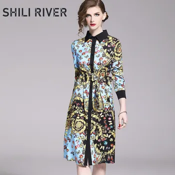 

2020 spring autumn designer fashion shirt dress for women long sleeve loose casual elegant gorgeous floral flower dresses belt