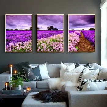 

Purple Lavender Flower Field Landscape Triple Decorative Painting Home Living Room Mural Frameless Cuadros Decoracion Salon