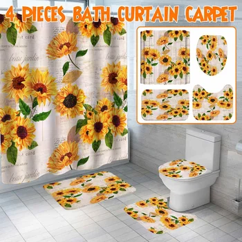 

1/3/4 Pcs Sunflower Printing Shower Curtain Set Non-Slip Rugs Toilet Cover and Bath Mat Waterproof Bathroom Curtains Home Decor