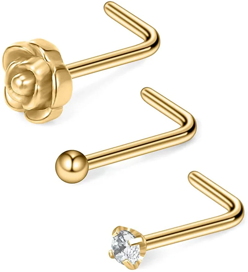 

20G Surgical Steel Rose Ball Round CZ Nose Stud Rings L Shaped Piercing Jewelry 3PCS