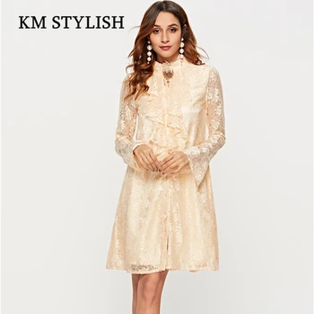 

2019 New Lady Fashion Turtleneck Clothing Eyelash Lace Beading Flare-sleeve Ruffles Casual Women Dress