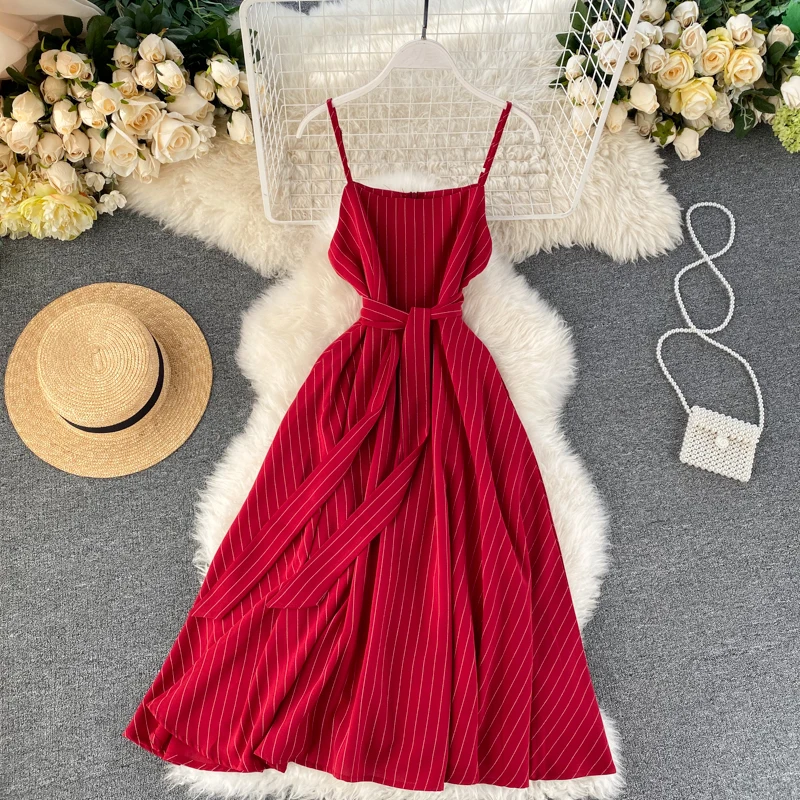 2020 Vintage Slim sexy striped Print bandage Dress summer midi spaghetti strap dress Party Women beach a-line vestido de festa