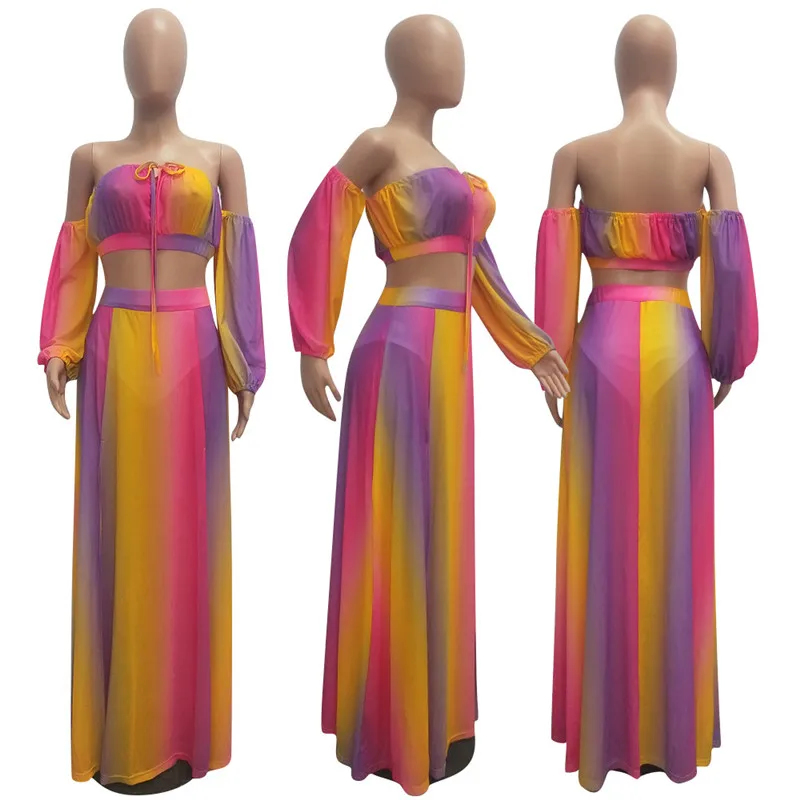 ANJAMANOR Mesh Chiffon Tie Dye Print Sexy Matching Sets 2 Piece Set Long Sleeve Shirt Skirt Sexy Summer Beach Outfits D29-AG48