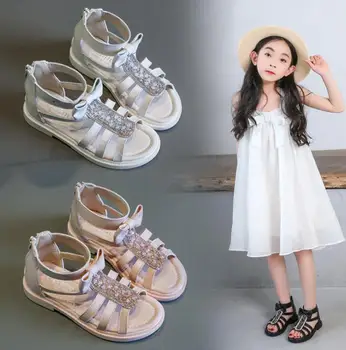 

Girls Sandals Soft Bottom Princess Shoes Summer New Children's High Roman Sandals Baby Princess Crystal Beach Shoes