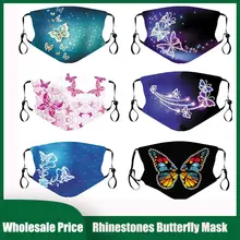 

New Shiny Rhinestone Butterfly Print Pattern Cotton Reusable Washable Mask Face Decor Jewelry