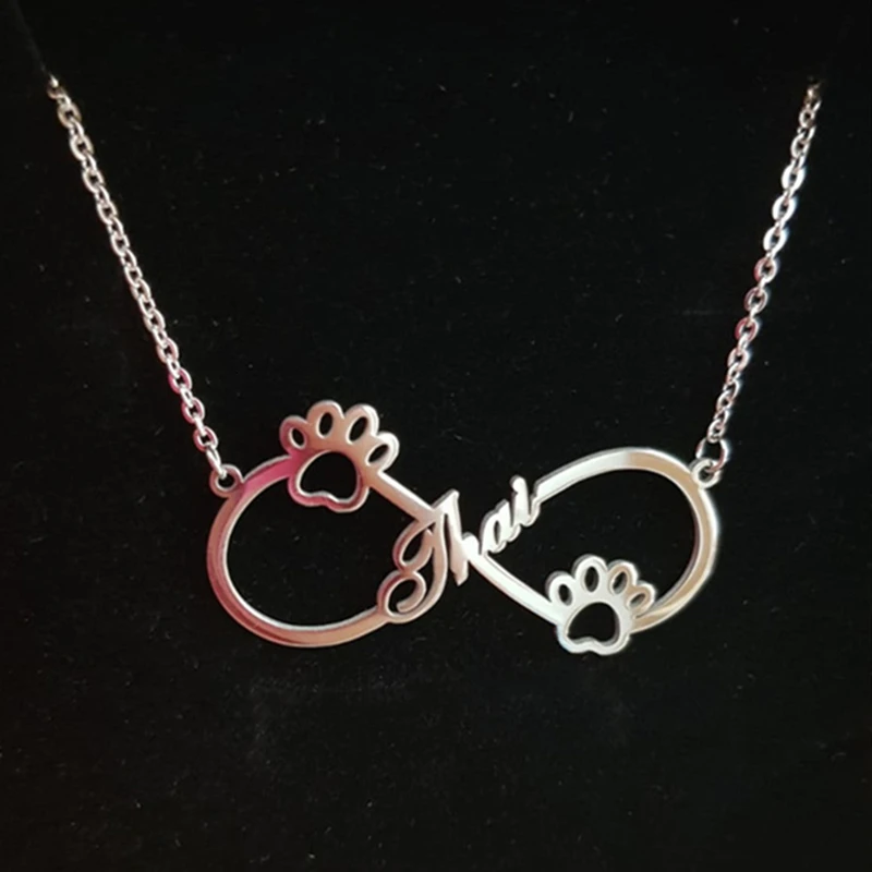 Engraved Infinity Dog Paw Customized Name Necklace Pets Lovers Jewelry