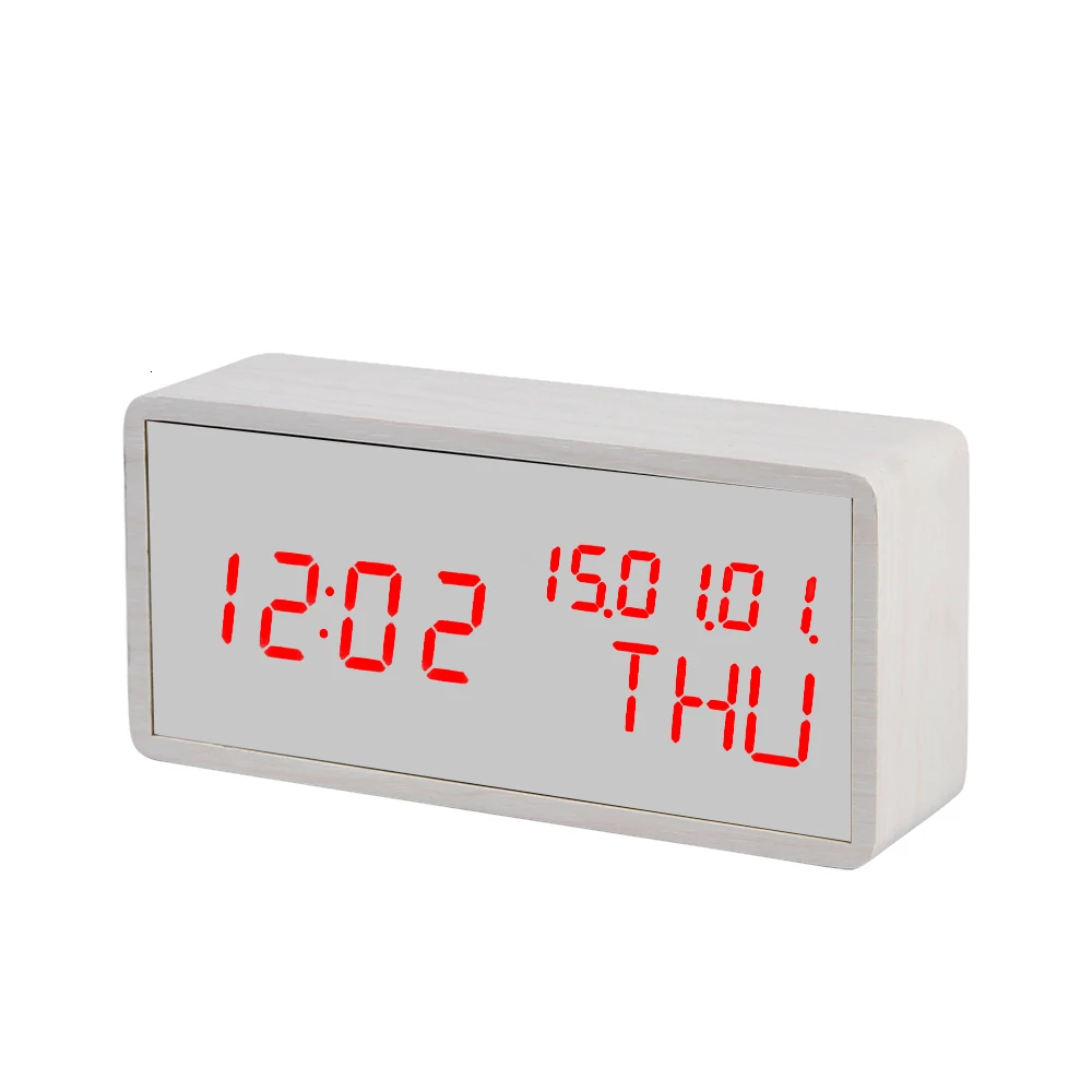 Светодиодный настольный часы с календарем, цифровой Деревянный Зеркальный будильник, большой таймер, голосовое управление, повтор, Despertador, настольные часы, USB/AAA - Цвет: 3-2