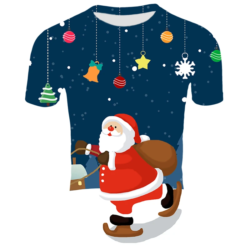 Рождественская Мужская футболка с забавным аниме коротким рукавом, летняя повседневная одежда с круглым вырезом, топы с принтом Санта Клауса, футболки на Рождество