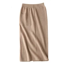 Зимняя высокая уличная цветная шерстяная облегающая трикотажная юбка с высокой талией с разрезом по бокам, юбка-карандаш средней длины, женская трикотажная одежда