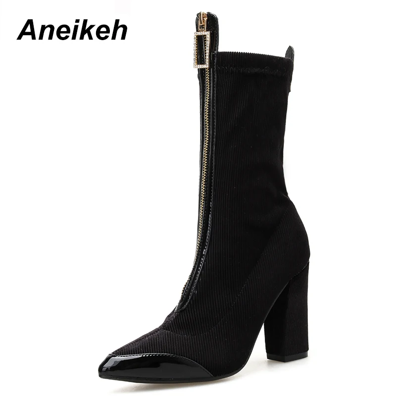 

Aneikeh 2019 New Fashion Sequined Cloth Women's Boots Pointed Toe Zipper Shallow Square High Heel Shoes Party Wedding Size 35-40