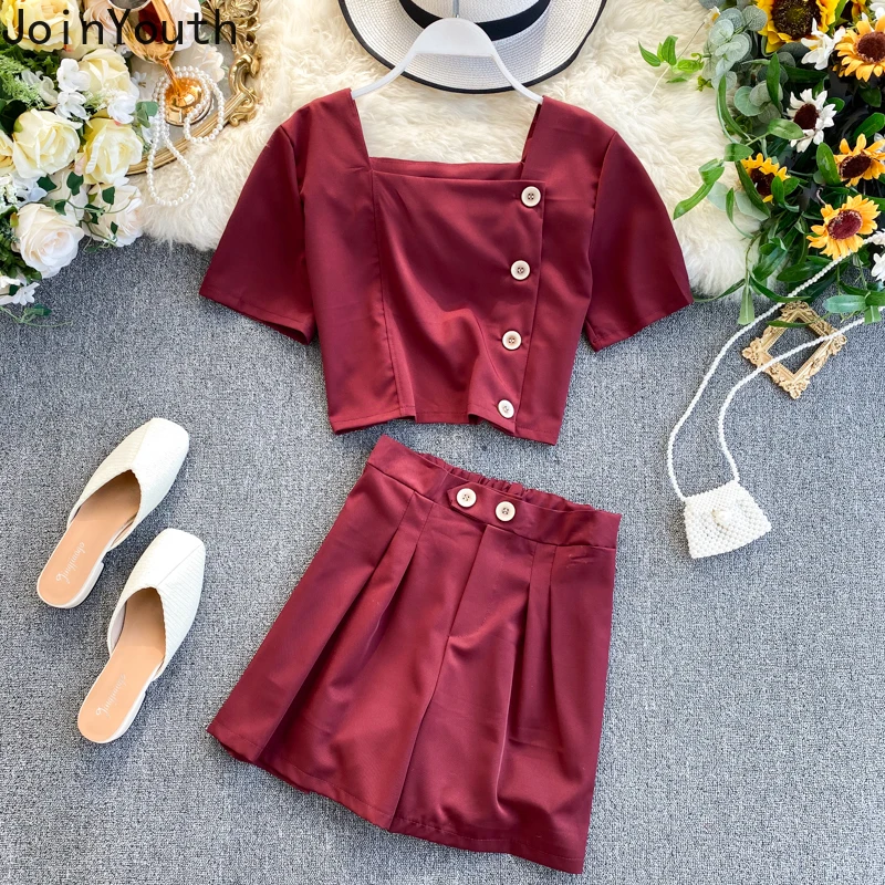 

Joinyouth 2020 Summer Women Casual Fashion Two Piece Sets Square Collar Short Sleeve Tops + High Waist Shorts Korean Suits 58776
