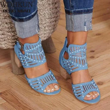 

WDHKUN 2020 Women Fashion Sandals Women Vintage Hollow Out Peep Toe Square Heel Wedges Sandals High Heels Shoes Zapatos Mujer