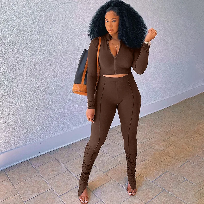 

DSMTRC 2021 женский модный спортивный костюм на молнии яркая линия украшение с длинным рукавом однотонный короткий топ леггинсы с высокой талией комплект из 2 предметов