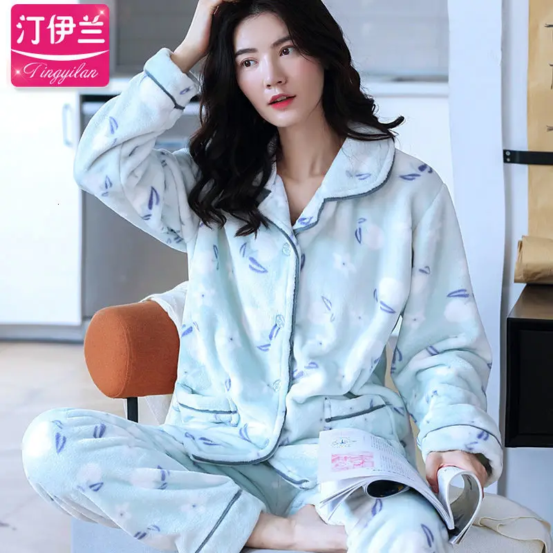 pajamas women Женская Фланелевая пижама с длинным рукавом, женская сексуальная зимняя Пижама, женский домашний костюм больших размеров, женские комплекты, M-XXXXXL для сна - Цвет: pajamas women