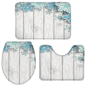 

Wooden Board Flowers Silhouette Snowflake Bath Set Toilet Cover Mat Pedestal Rug Non-Slip Bathroom Rug Set