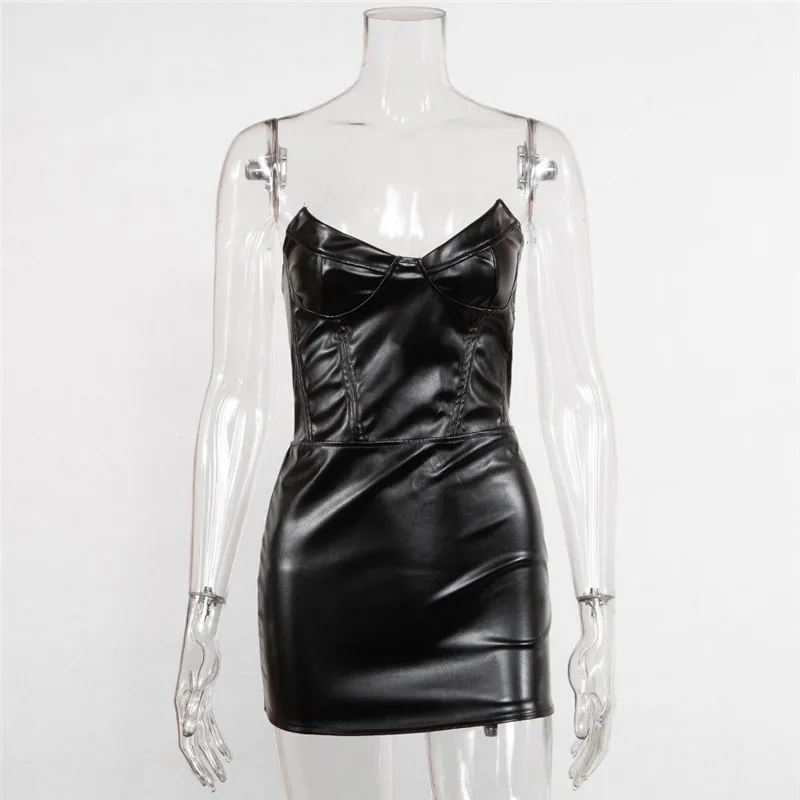 ANJAMANOR, черное облегающее Бандажное платье из искусственной кожи, Сексуальные вечерние платья для ночного клуба, осенне-зимнее женское мини-платье без бретелек, D55-AB26