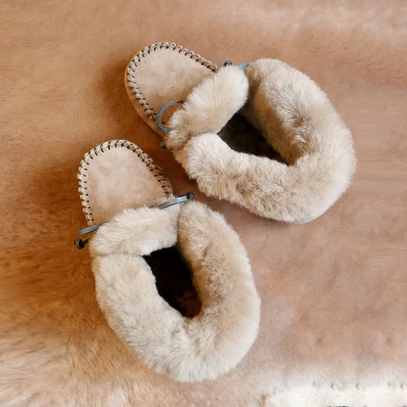 Genuine Leather waterproof women flat shoes comfortable winter warm natural fur snow shoes fashion non-slip women
