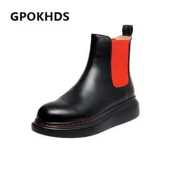 

GPOKHDS 2021 women Ankle boots Cow leather Winter short plush Round Toe Med heels female Chelsea boots size 39